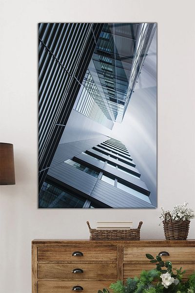 Rosyvien Pictură verticală din sticlă pentru clădire geometrică, decor de perete pentru casă și birou, cadou de lux, anti-zgârieturi