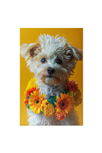 StoryGift Romania Tablou Canvas Cățelul Alb Speriat Cu Ghirlandă De Flori Gal...