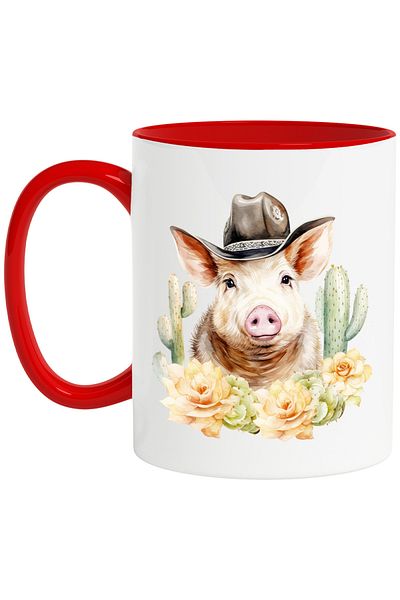 StoryGift Romania Mug with a cowboy pig, illustration, Wild West, flowers, cactus, nature, , With ,STG