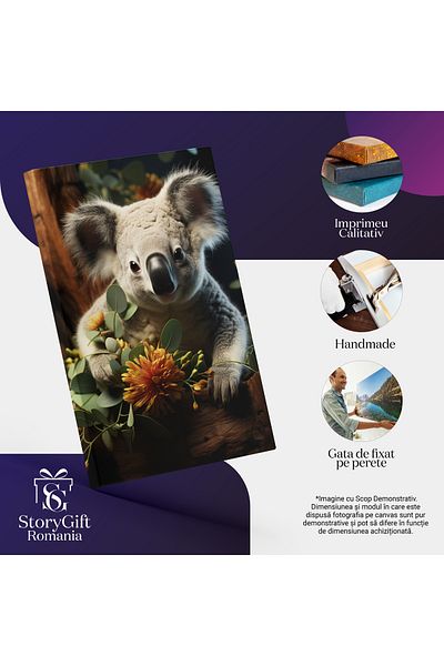 StoryGift Romania Tablou Canvas: Portret Urs Coala În Scorbura De Copac Și Flori Portocalii Pictura Digitala