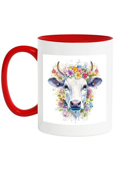 StoryGift Romania Mug with a cow's head surrounded by different colored poppies, illustration,, With ,STG