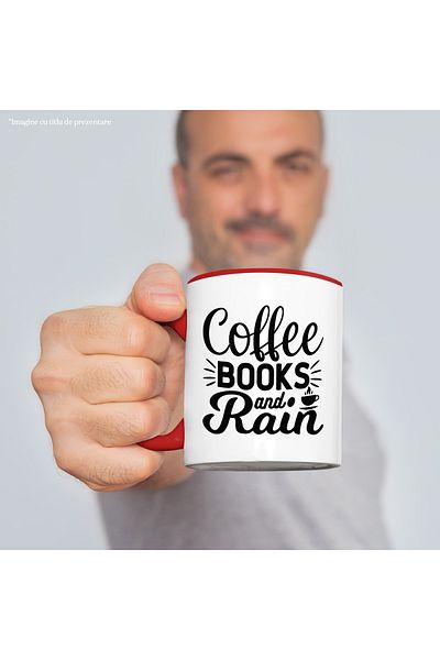 StoryGift Romania Mug for coffee drinkers with the text "Coffee, books and rain" - coffee car, Cu,STG