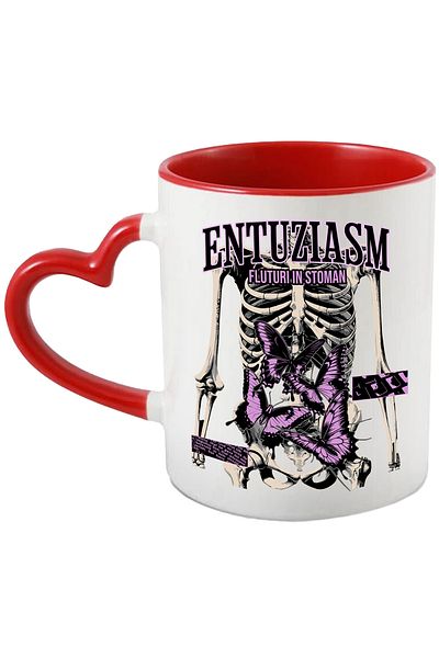StoryGift Romania Enthusiasm Mug - Butterflies in Stomach, Skeleton, 330ml, Ceramic with Red Heart Handle, With ,STG
