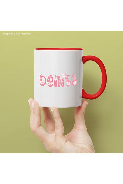StoryGift Romania Mug With Name Denisa, Flowers, Colorful, Pink, Cute, 330ml, Ceramic with Red Handle, With ,STG