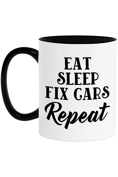 StoryGift Romania Mug with a message that urges you to "eat" sleep, fix cars and repeat, With ,STG