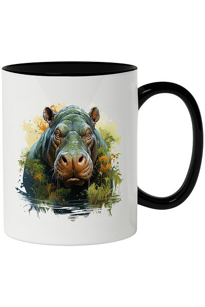 StoryGift Romania Mug With Hippo, Lake, Plants, Vegetation, Illustration, Multicolor 330 ml, Ceramics, With ,STG
