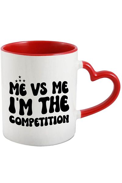 StoryGift Romania Mug with stars and the message "Me vs me, I am the competition" with Red Heart Handle, Cu Ma, STG.