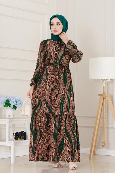 Sevitli Rochie din viscoză cu model leopard cu tunel în talie-verde