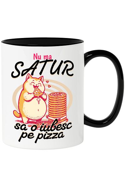 StoryGift Romania Fluffy pizza-loving cat mug _I can't get enough_, 330ml, Ceramic with N Handle, With ,STG