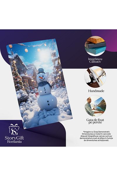 StoryGift Romania Tablou Canvas: Omul De Zapada Cu Palarie Si Fular Cu Nasturii Negri Si Zambetul De Margele Buc