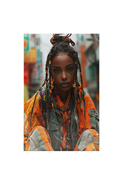 StoryGift Romania Tablou Canvas Mulatra Cu Dread-uri Si Tatuaje Pe Fata Cu Ghiozdan Si Echipament Portocaliu Cu