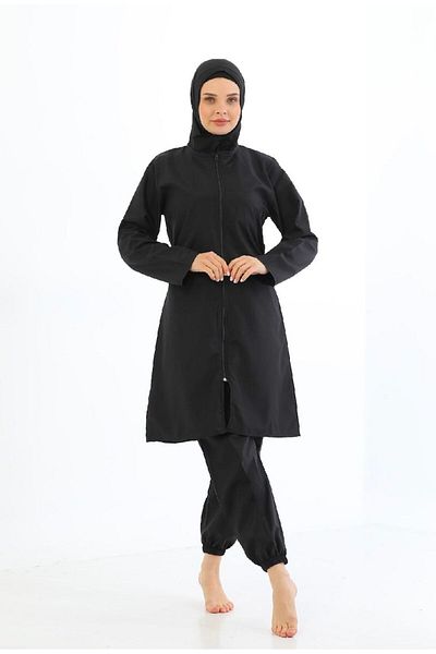 tusem butik homewear Women's Black Full Covered Front Zipper Quick Drying Elastic Leg Long Sleeve Boned Swimsuit