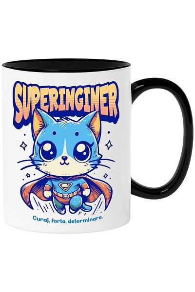 StoryGift Romania Super Engineer Mug, Superhero, Flying Cat, 330ml, Ceramic with Black Handle, With Handle, STG