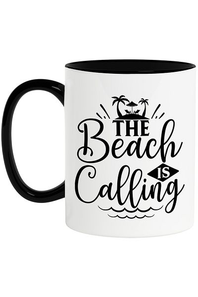 StoryGift Romania Mug with palm trees and the message "The beach is calling" - the beach is calling you with Handle Ne, Cu, STG