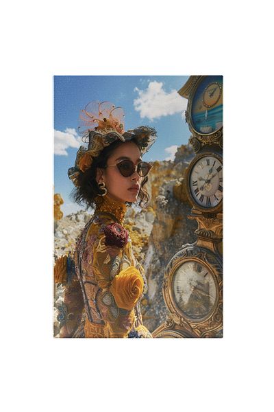 StoryGift Romania Tablou Canvas: Femeie Coreană Cu Rochie Florată Și Fundal Cu Ceasuri- Fotografie Artistică Și