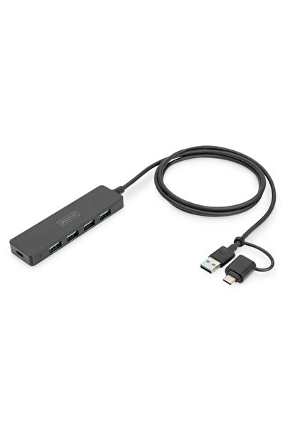 Digitus USB 3.0 Hub, 4 port, Slimline USB-C adaptörlü, 5Gbps, 1,2 m kablo