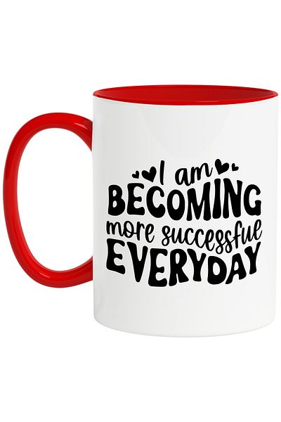 StoryGift Romania Mug with hearts and the message "I become more successful every day" with Red Handle, Cu Ma,STG.