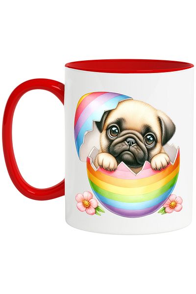 StoryGift Romania Mug with a Pug puppy | illustration | shy | coming out of a broken egg | flowers | pink, With ,STG