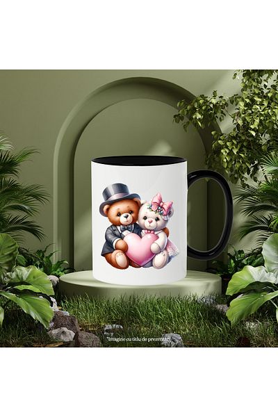StoryGift Romania Mug with 2 teddy bears, illustration, heart, bow, hat, suit, dress, together,, With ,STG