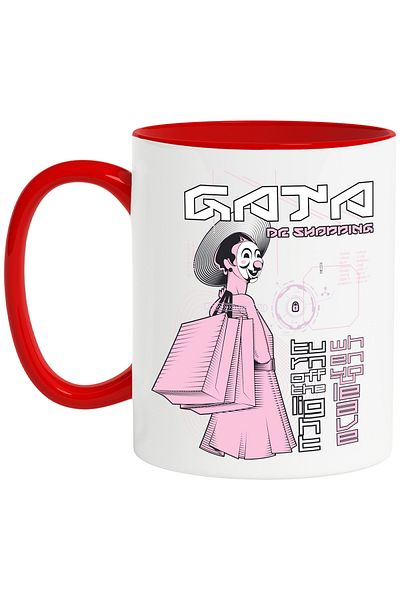 StoryGift Romania Woman Mug With Clown Mask And Shopping Bags, 330ml, Ceramic With Red Handle, With ,STG
