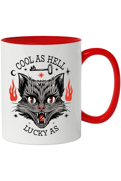 StoryGift Romania Mug With Message In English Cool As Hell Lucky As, Cat, Flames, Key, Multicolor, With ,STG
