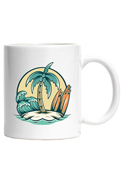 StoryGift Romania Cana Cu Insula: Plaja, Palmier, Valuri, Placa De Surf, Multicolor 330 ml Ceramic, Cu ,STG