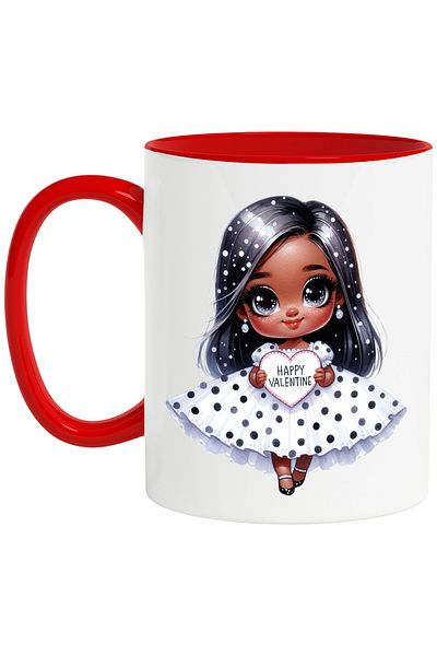 StoryGift Romania Mug with a little black girl holding a heart that says "Happy Valentine, With ,STG"