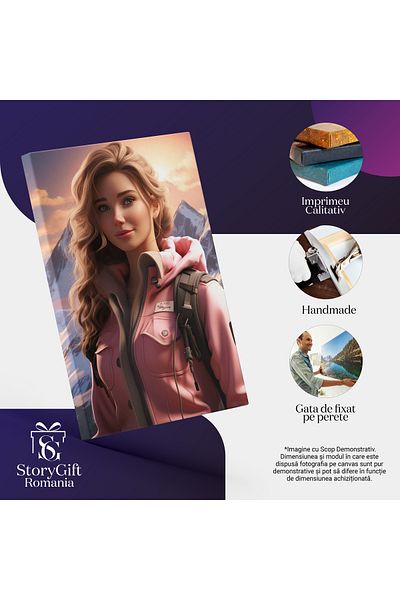 StoryGift Romania Tablou Canvas: Personaj Feminin Cu Echipament Roz Si Rucsac In Spate Aflat In Explorarea Maril