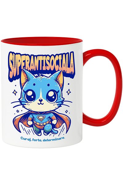StoryGift Romania Super Anti-Social Mug, Superhero, Flying Cat, 330ml, Ceramic with Red Handle, With ,STG