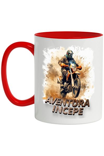 StoryGift Romania Mug With Message The Adventure Begins, Mud, Motorcycle, Helmet, Multicolor 330 ml, Sky, With, STG