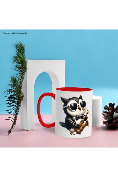 StoryGift Romania Mug with an owl, illustration, bow tie, playing the saxophone, glasses, music, instrument, With ,STG