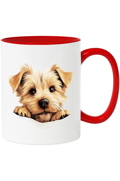 StoryGift Romania Mug with a small furry puppy | illustration | light brown | looking up, With ,STG