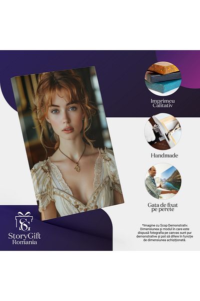 StoryGift Romania Tablou Canvas: Portret Feminin Al Tinerei Cu Lănțișor De Aur Și Rochie Vintage Albă Cu Broderie