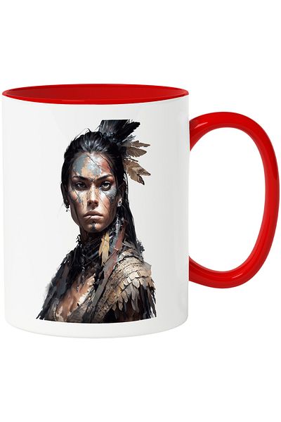 StoryGift Romania Mug With Fighting Face, Colors on the Face, Feathers, Ceramic, 330ml, with Red Handle, With Handle, STG