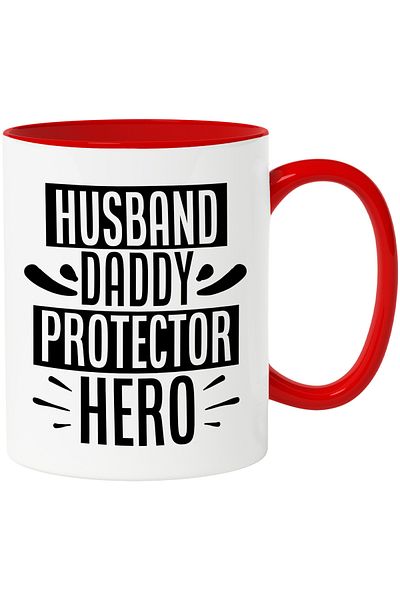 StoryGift Romania Mug with the text "Husband, Dad, Protector and Hero" with Red Handle, With Red Handle STG ,STG ,STG