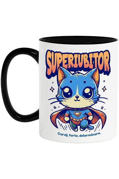 StoryGift Romania Super Lover Mug, Superhero, Flying Cat, 330ml, Ceramic with Black Handle, With Handle, STG