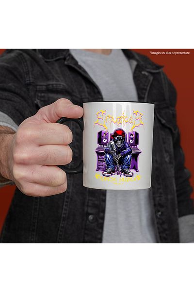 StoryGift Romania Music mug dj skeleton skull I love music, 330ml, Ceramic with Black Handle, With Handle