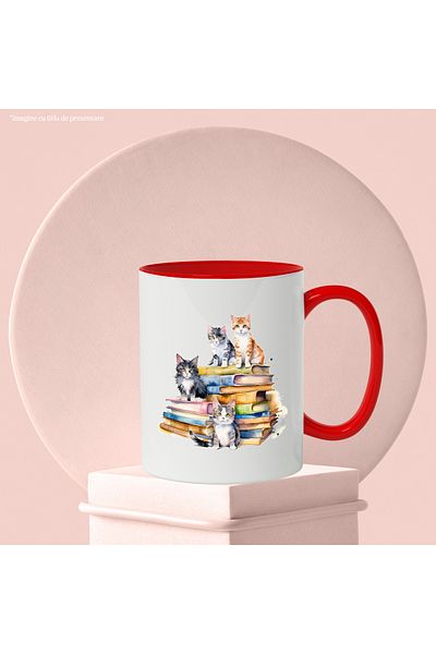 StoryGift Romania Mug With Kitten, Books, Stack, Watercolor, Illustration, Multicolor 330 ml, , With ,STG