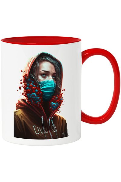 StoryGift Romania Mug with Portrait of Woman with Sanitary Mask, Brown Sweatshirt, Hooded, Ceramic, 330m, With,STG