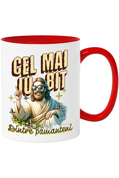 StoryGift Romania Issus Mug with the most beloved sunglasses, 330ml, Ceramic with Red Handle, With Handle, STG
