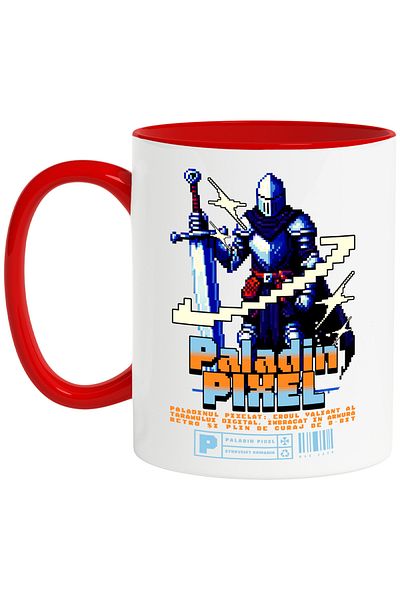 StoryGift Romania Pixel Knight Mug video games paladin pixel, 330ml, Ceramic with Red Handle, With M,STG