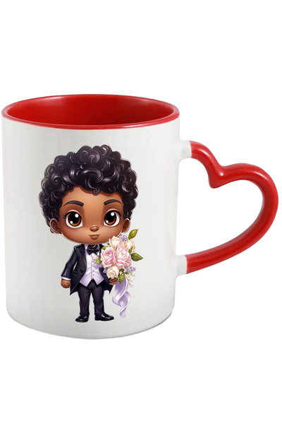 StoryGift Romania Cana cu un ginere de culoare vesel care tine un buchet cu f...