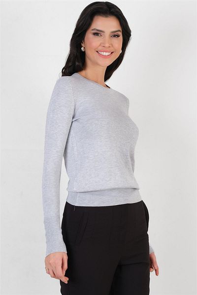 Spazio Doody Crew Neck Sleeves Metal Studded Slit Knitwear Gray