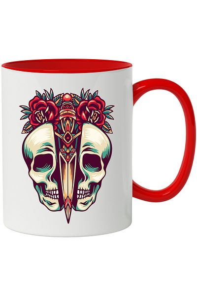 StoryGift Romania Mug With Half Skull, Dagger, Flowers, Leaves, Retro, Multicolor 330 ml, Sky, With ,STG