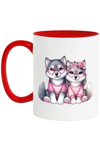 StoryGift Romania Mug with 2 Husky puppies, illustration, popcorn, heart-shaped glasses, bl, Cu, STG