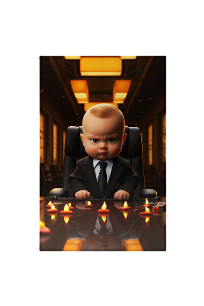 StoryGift Romania Tablou Canvas: Bebelusul Sef In Costum Negru Cu Cravata Si Camasa Alba Cu Ochii Verzi In Scaun