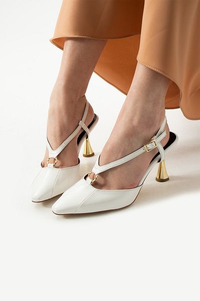 Güllü Shoes Luxurious White Patent Leather Women's Heeled Shoes with Gold Detail Stylish and Elegant for Everyday Special Occasion Combin