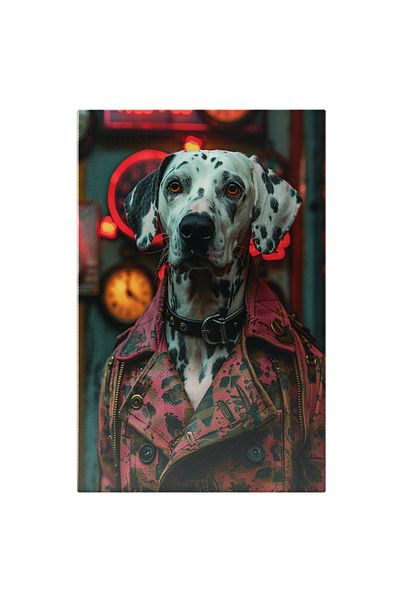StoryGift Romania Tablou Canvas Dalmatian Cu Ochii Stralucitori In Jacheta De Piele Roz Cu Pete Negre Si Zgarda