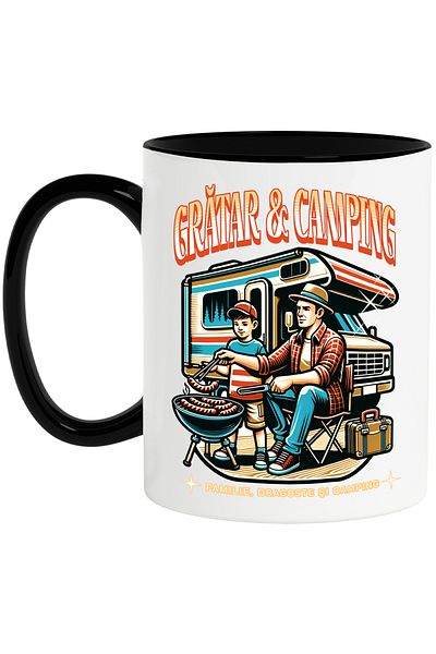 StoryGift Romania Mug Barbecue and camping father son family caravan, 330ml, Ceramic with Black Handle, With,STG