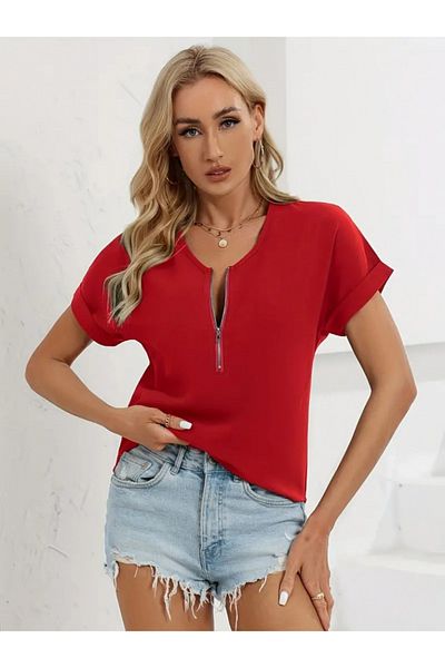 Viyamo New Season Women's Short Sleeve V-Neck Zippered Loose Sandy Blouse